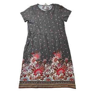 NWT J.Jill Boho Caraway Grey Floral Short Sleeve Dress Pockets Size Small Cotton